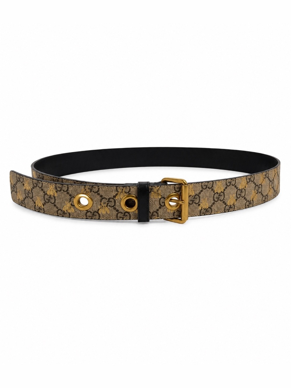 Gucci GG Supreme Monogram Bee Belt Brown Canvas Black Leather Size 36